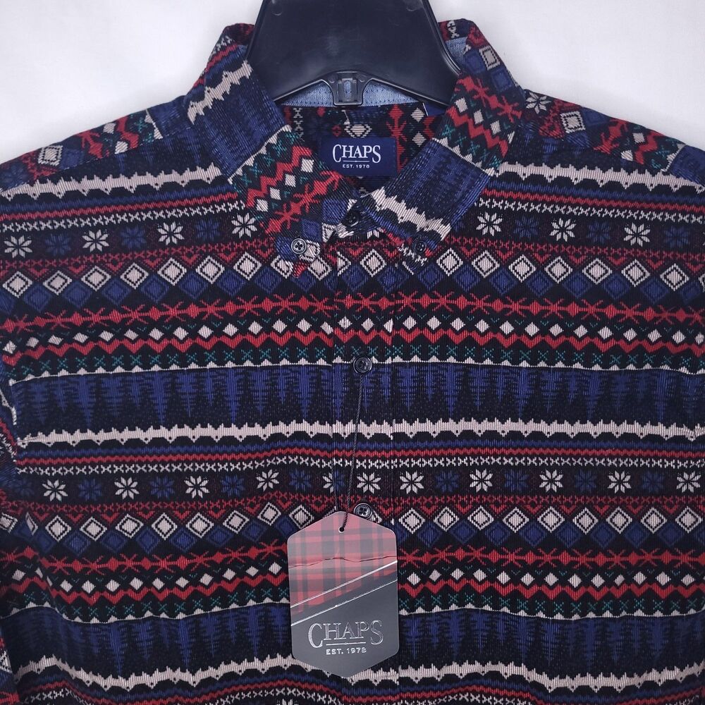 Chaps Corduroy Shirt Mens Medium Fairisle Holiday NWT
